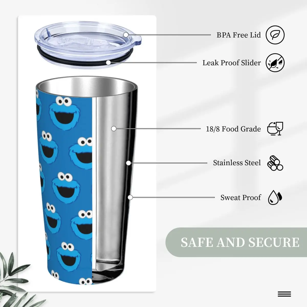 Smiling Cookies Monsters Tumbler With Lid and Straw Stainless Steel Mugs Cup Double Wall Vacuum Insulated for Cold and Hot 20oz