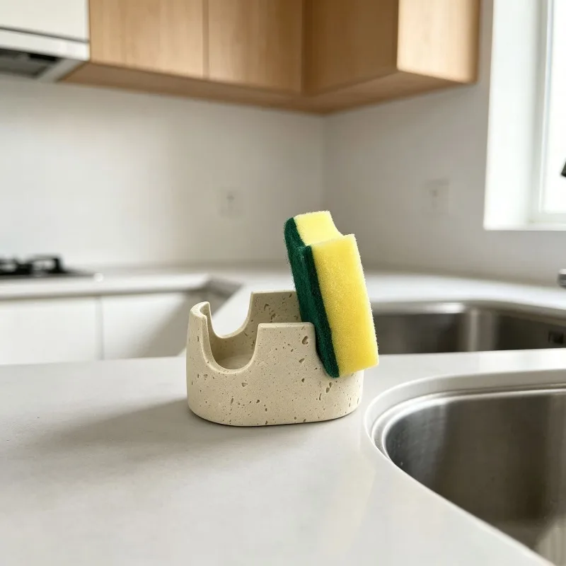 Beige Resin Sandstone Texture Sponge Drain Rack Bathroom Kitchen Desktop Sponge Holder Small Sundries Storage Stand Decorative
