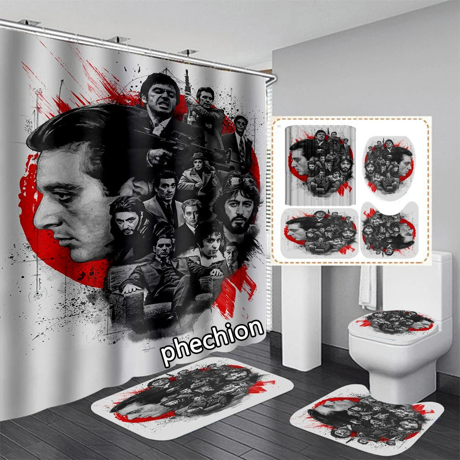 phechion Scarface 3D Print Waterproof Bathroom Shower Curtain Toilet Cover Mat Non-Slip Floor Mat (1/3/4Pcs) W67