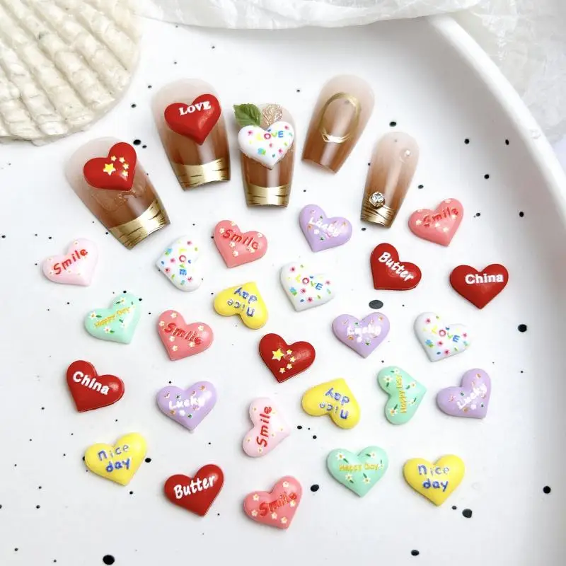 Macaron Colored Letter Heart Nail Art Decoration 3D Painted Patterns Peach Heart Resin Nail Charms DIY Press on Nail Accessories