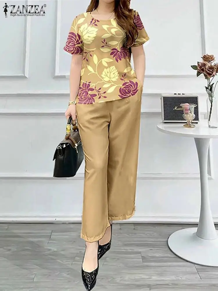 Elegant Women OL Work Pant Sets ZANZEA Summer 2pcs Short Sleeve Floral Blouse Trousers Suits Matching Sets Tracksuits Oversize