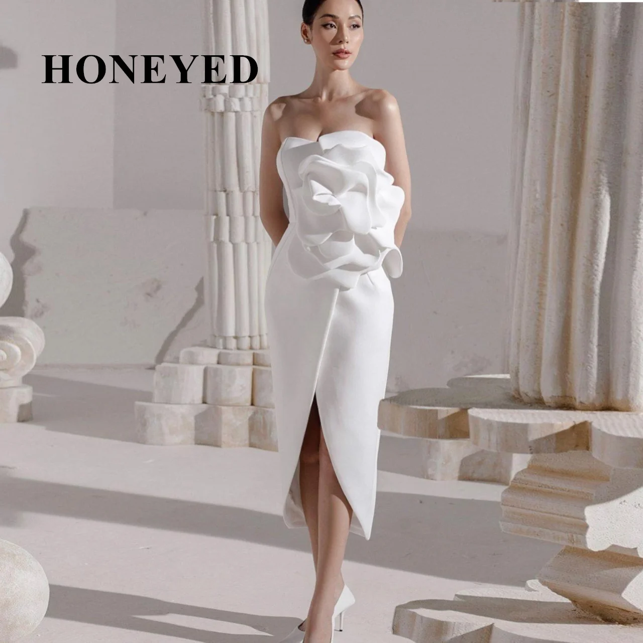 HONEYED-vestido de sirena sin tirantes para mujer, traje de graduación con abertura alta, Midi, corto, Formal, para fiesta de bodas, 2023, 5135