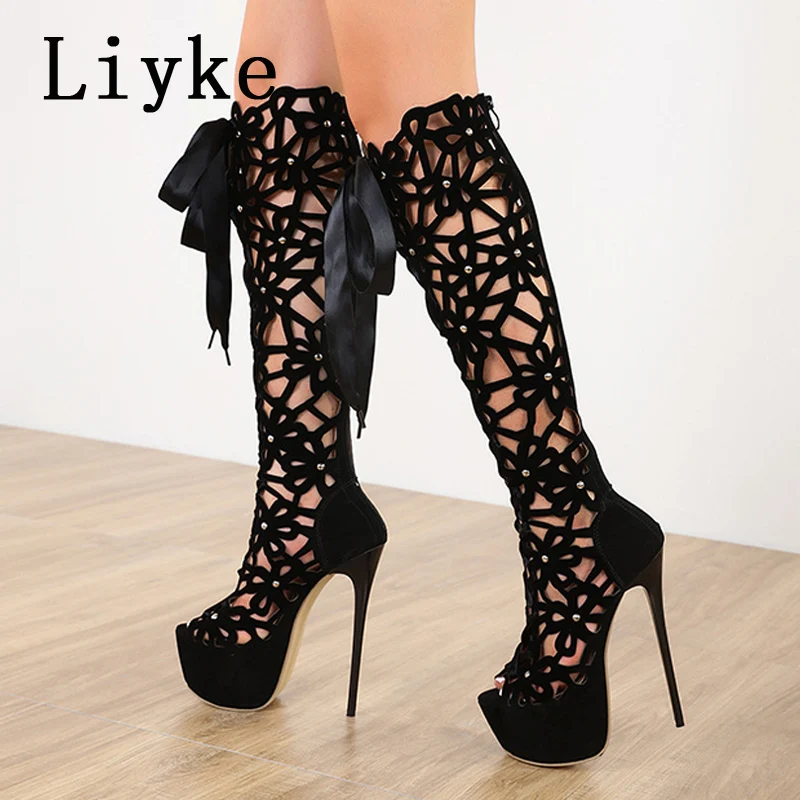 Liyke 16CM Ultra Thin High Heels Sexy Nightclub Hollow Out Over The Knee Boots Women Peep Toe Lace-Up Zip Platform Shoes Sandals