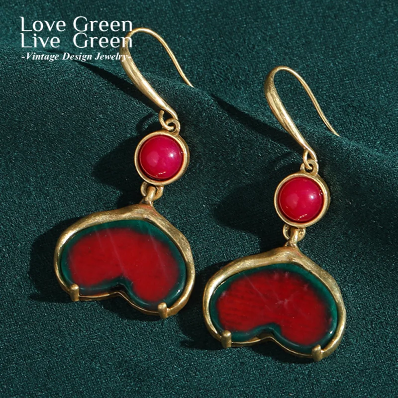 

Vintage Red Heart Drop Earrings Hook Woman Wedding Nature Stone Luxury Quality Jewelry 2025 Trend Designer Valentine Day Gift