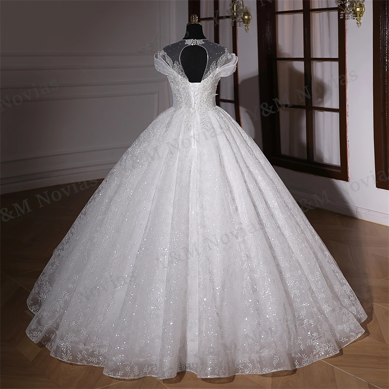 Real Pictures O neck Cap Sleeves Luxury Pearls Wedding Dress New Design Sheer Neck Plus Size Custom Made Princess Wedding Gown