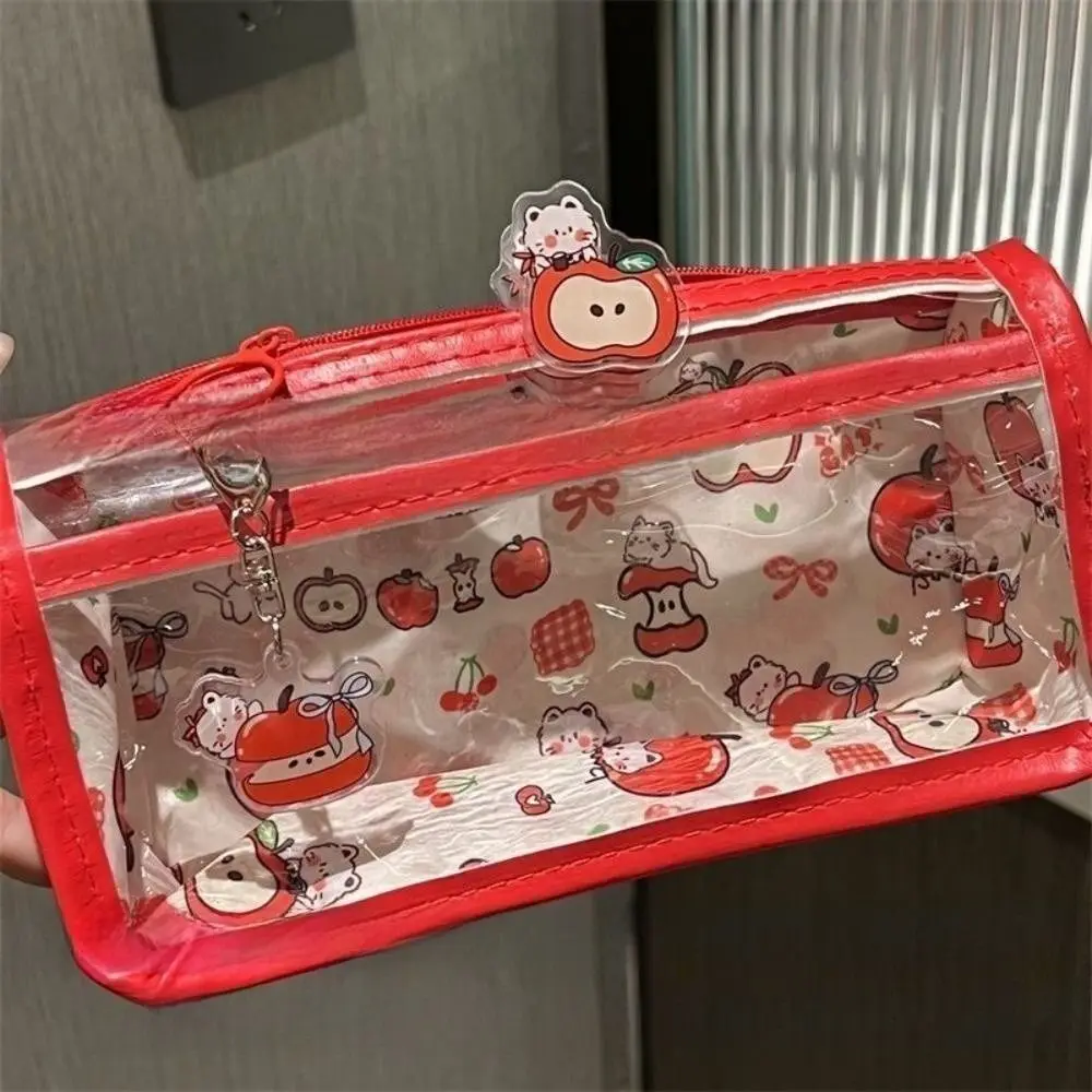 كارتون لطيف القط القوس مقلمة شفافة سعة كبيرة أكياس القلم طالب القرطاسية المنظم اللوازم المدرسية