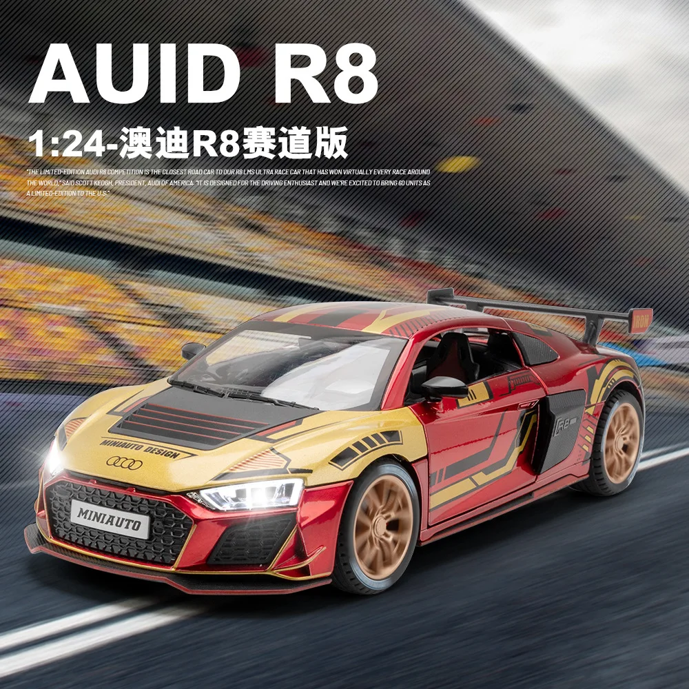 Modelo acústico-óptico de aleación para coche deportivo Audi R8 Track Edition, 1:24, puertas abiertas, coleccionables para niño, el mejor regalo