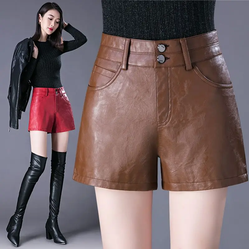 

New Casual PU Leather Shorts Women Pu with Pockets Spring Loose Fit Wide Leg High Waist T776