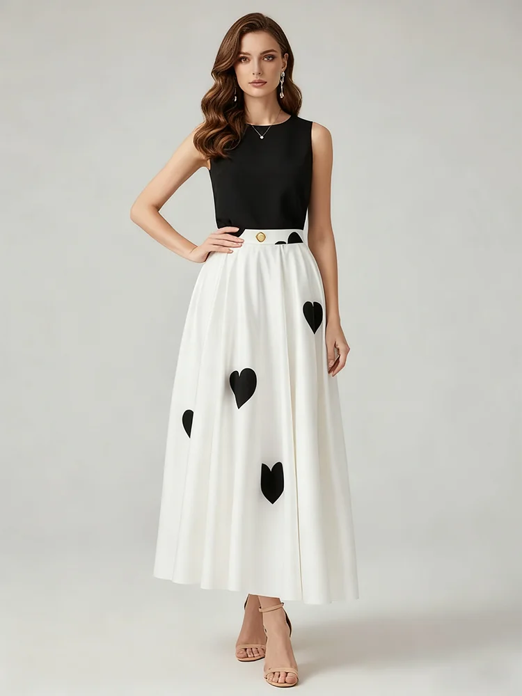 

UOOZEE Women's Fashion Heart-shaped Printed White A-Line Skirts High Waist Pleated Party Cocktail Evening Maxi Skirts