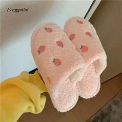 2026 Cute Cartoon Peach Plush Women Slippers Winter Home Warm Furry Footwear New Fashion Autumn House Slides Female Flip Flops