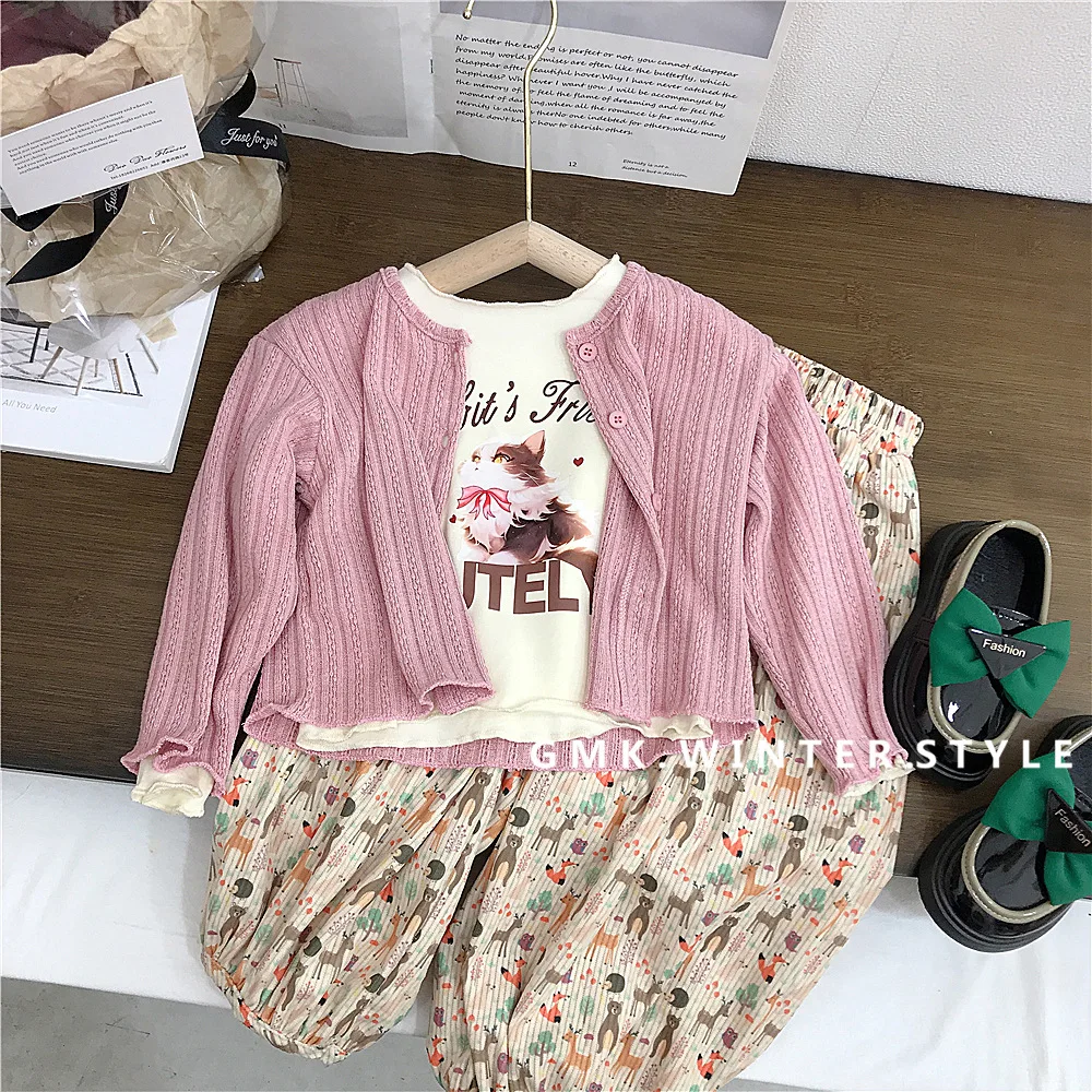 Girl Two Piece Set Spring Autumn 2024 New Sweet Bottom Layer Shirt Knitting Cardigan Lantern Pants Casual Simple Fashion Loose