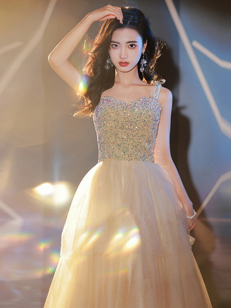 

Вечернее платье цвета шампань, длинное, для дня рождения, для ведущей, с пайетками, для подружек невесты, в стиле принцессы, с завышенной талией, без рукавов, с цветочными деталями