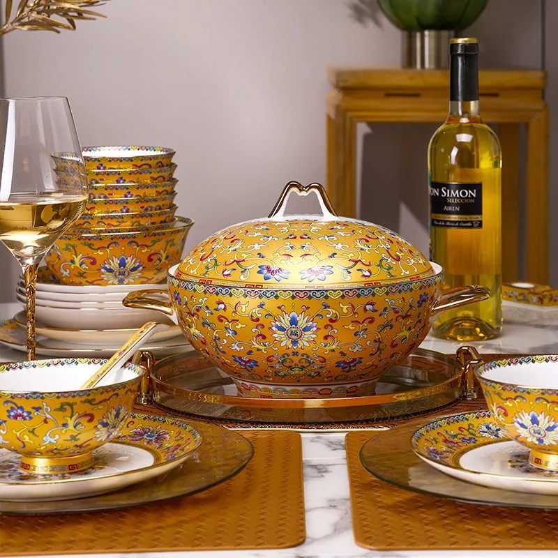 Bone china tableware set, palace style, enamel color, luxurious housewarming set, new home set, bowls and plates, home use