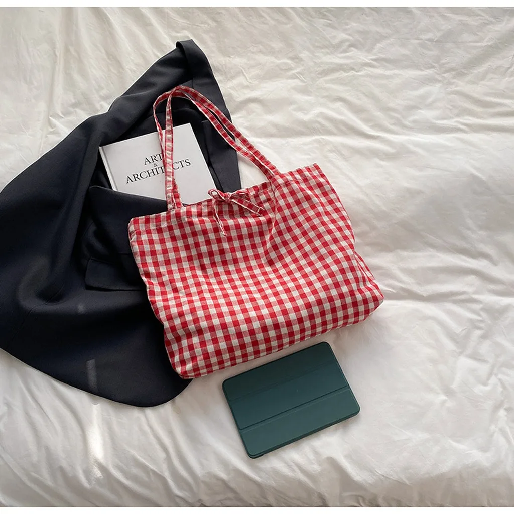 Shoulder Tote Bag Cotton Nylon Blend Top Handle Bag Shoulder Handbag Medium Soft Check Pattern Tote Bag For Daily Outing Student