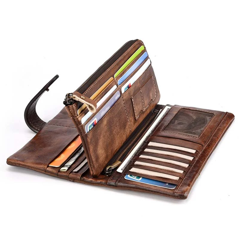 

Vintage Cowhide Long Wallet Men Women Blocking Credit Card Holder Purse New Style Retro Rub Color Fashion Stitching Zipper Purs