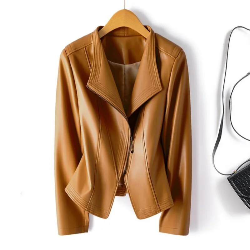 2025 بولي Leather جلد المرأة قصيرة ضئيلة جلدية ربيع الخريف سترة جلدية جديدة طويلة الأكمام دعوى طوق سستة معطف صغير #4