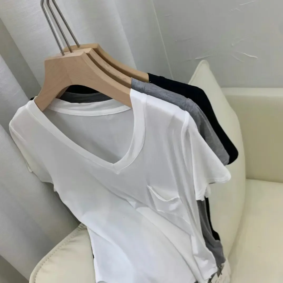 2026 Modal cotton pendant clavicle T-shirt women's medium and long bottoming shirt short-sleeved casual v-neck top