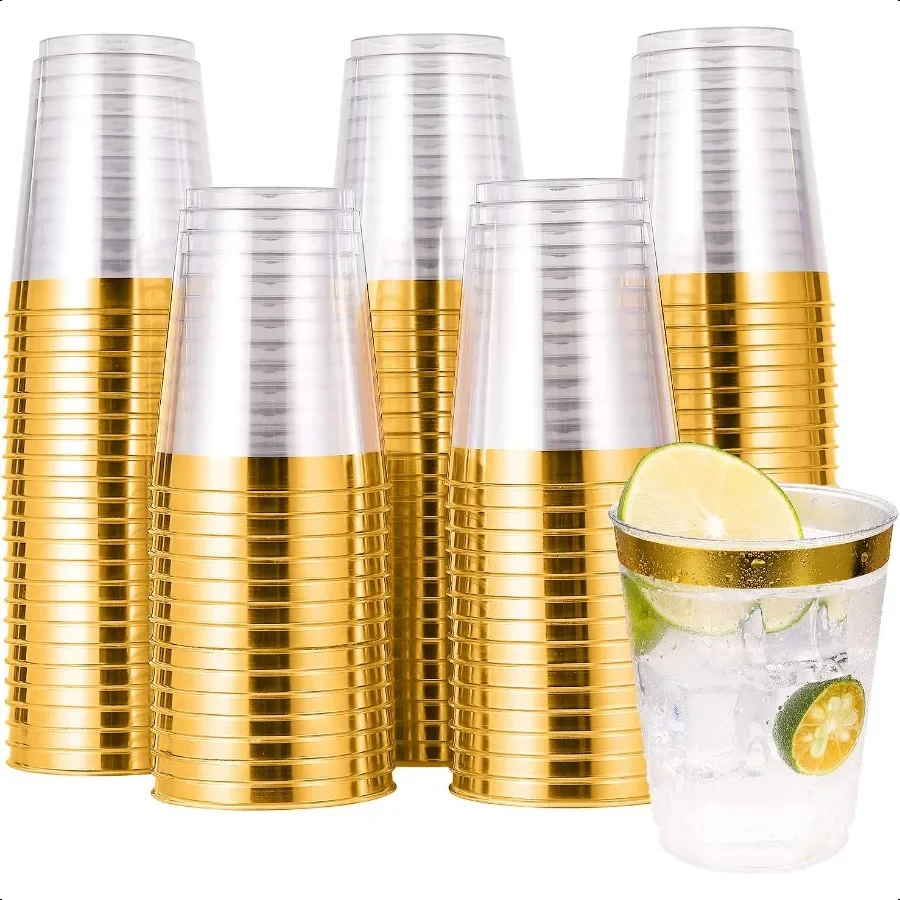 

100 Pack 10 oz Gold Plastic Cups Clear Plastic Glasses Tumblers Elegant Gold Rimmed Cups Perfect for Weddings Thanksgiving Day
