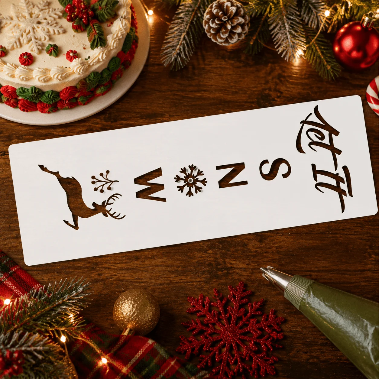 Christmas Reindeer Snowflake Cake Stencil Reusable Plastic Xmas Spray Template DIY Holiday Party Cake Baking Decor Tool