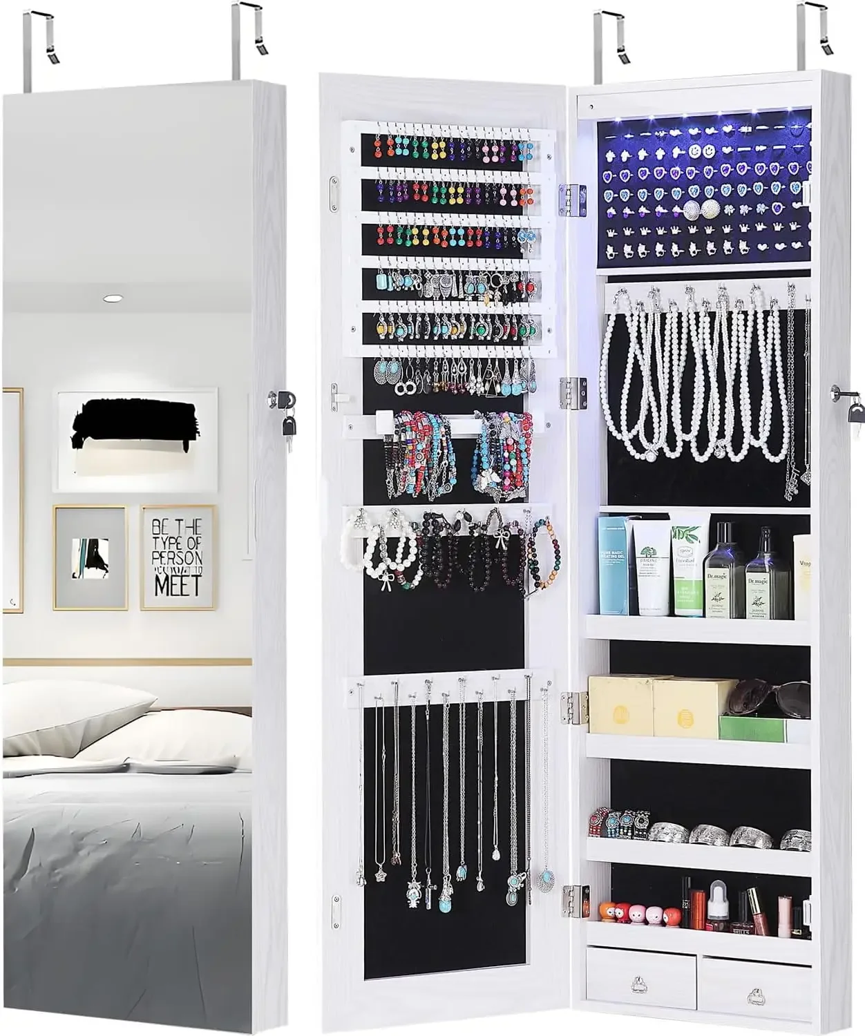 Full Length Mirror Jewelry Cabinet, 6 LEDs Jewelry Armoire Wall Mounted Over The Door Hanging, Jewelry Organizer Storage