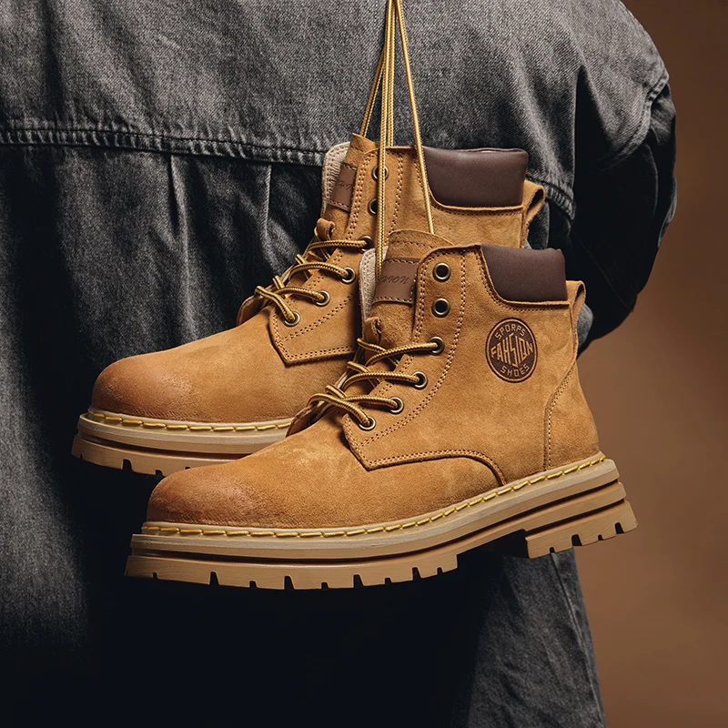 

High Top Boots Men Leather Shoes Winter Motorcycle Boots Women Yellow Boots Shell Head Boot For Men Ankle Boots