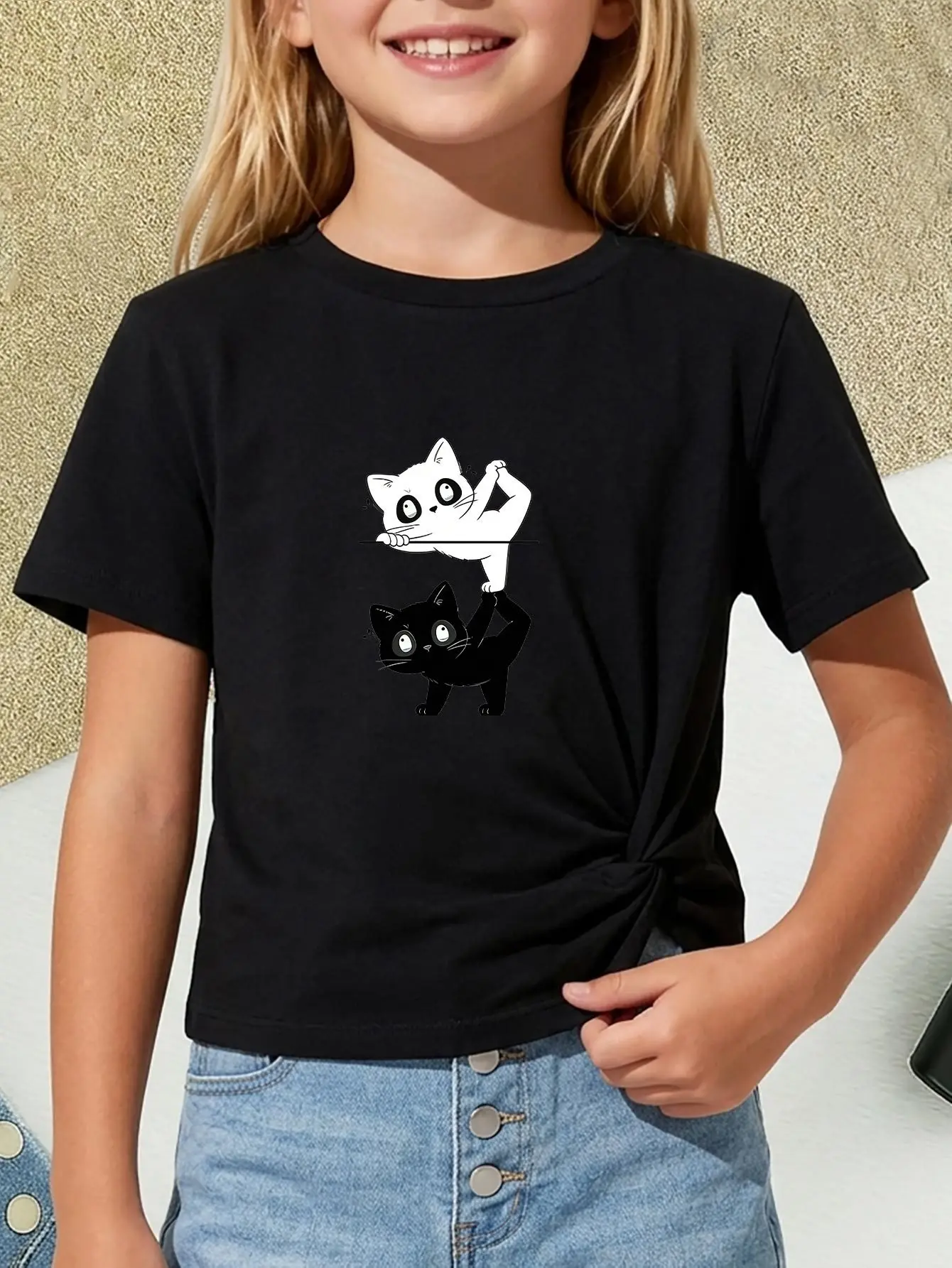 Funny Stretching White Cat Standing On Black Cat Graphic T Shirt Boys Girls Casual Short Sleeve Family Matching Kids Cotton Tee