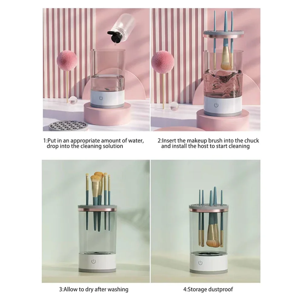 自動電動メイクブラシクリーナー 3 in 1 ポータブル 女性用 アイシャドウブラシホルダー スタンドツール＆ドライヤー ビューティーメイクツール