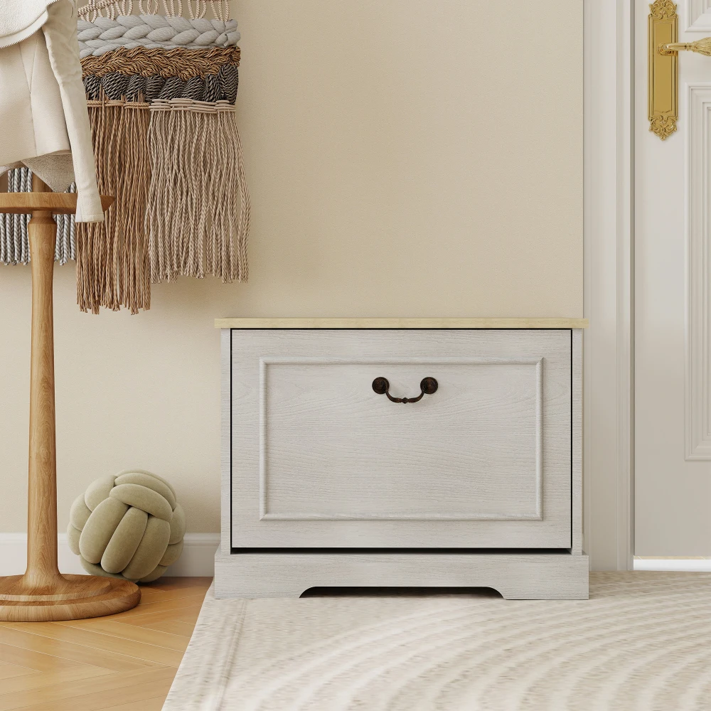 

Shoe Storage Bench with 1 Flip Drawer and Adjustable Shelf, Bedroom-Antique White Small Shoe Cabinet for Entryway, Hallway