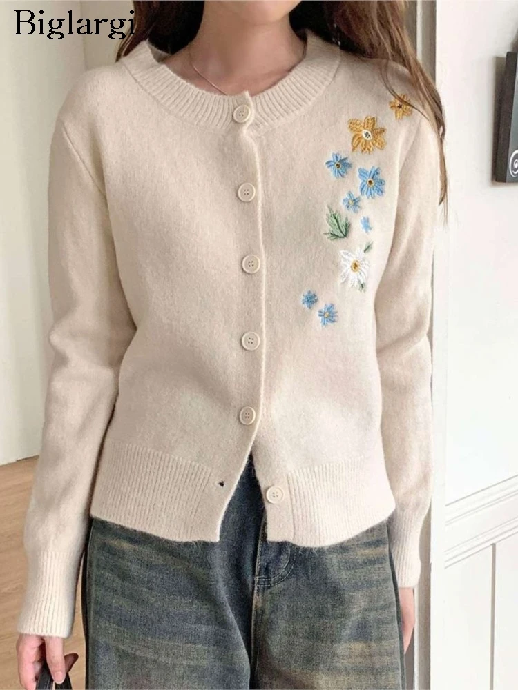 

Knitted Autumn Cardigan Women Flower Embroidery Modis Sweet Ladies Cropped Cardigans Korean Style Long Sleeve Woman Sweater Coat
