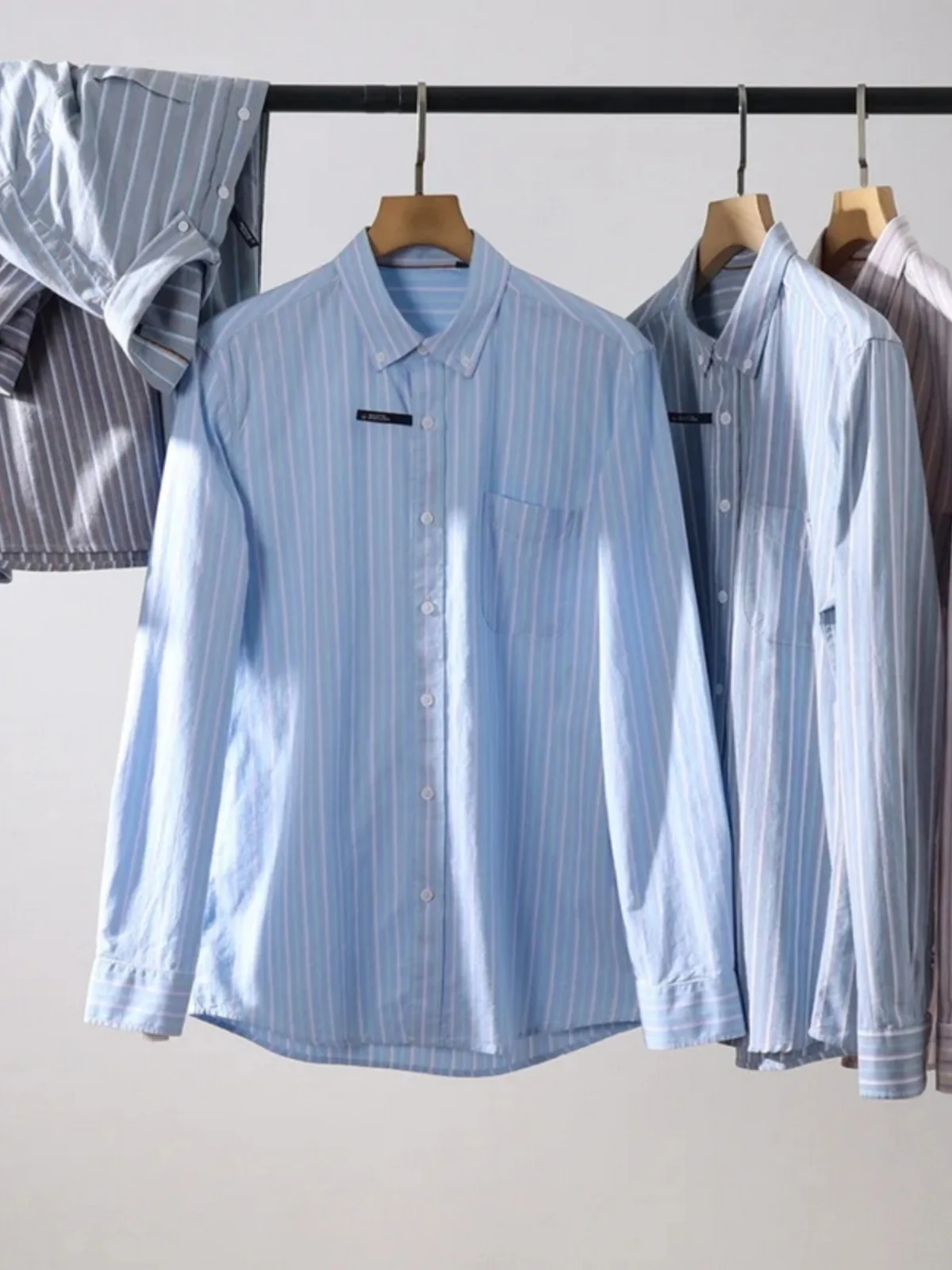 

High-End Ox Cloth Color-Woven Striped Button-Up Long-Sve Casual irt Men's Spring Autumn Stand Fit Breathable Cott...