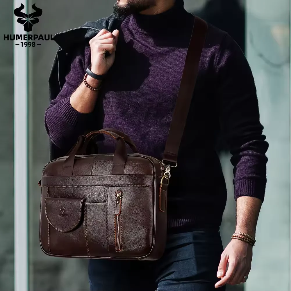 Maletín para hombre, cuero genuino, bolso para portátil hecho a mano, bolso cruzado de negocios con múltiples compartimentos, bolso de hombro