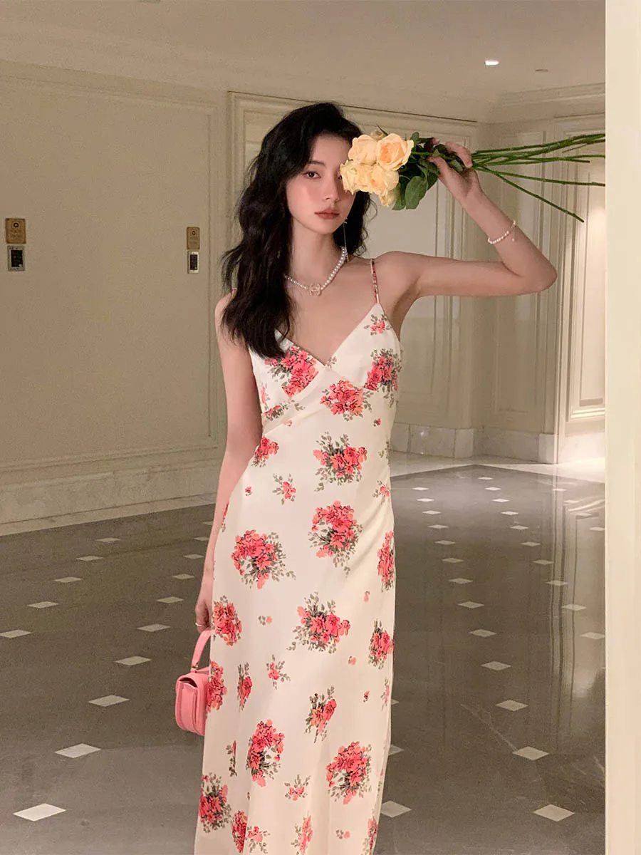 

MODOUSTUDIO Шелковое атласное платье с цветочным принтом для женщин, новинка весна-лето, с эффектом похудения, V-образный вырез, элегантное платье