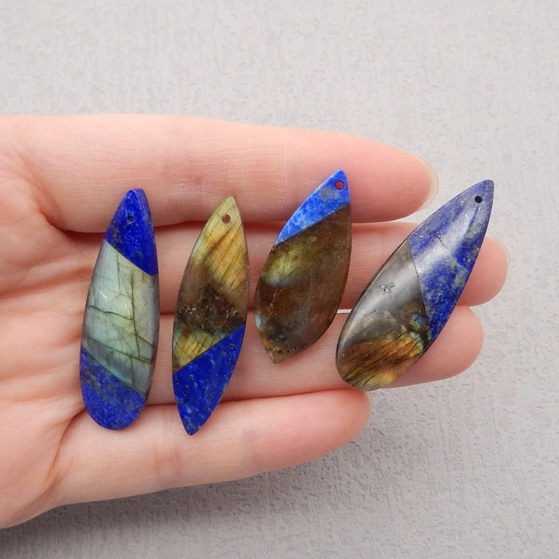 4Pcs Natural Stone Intarsia Pendants For Jewelry Making,Labradorite Lapis Lazuli Pendants,DIY Necklace,42x14x4mm,17g
