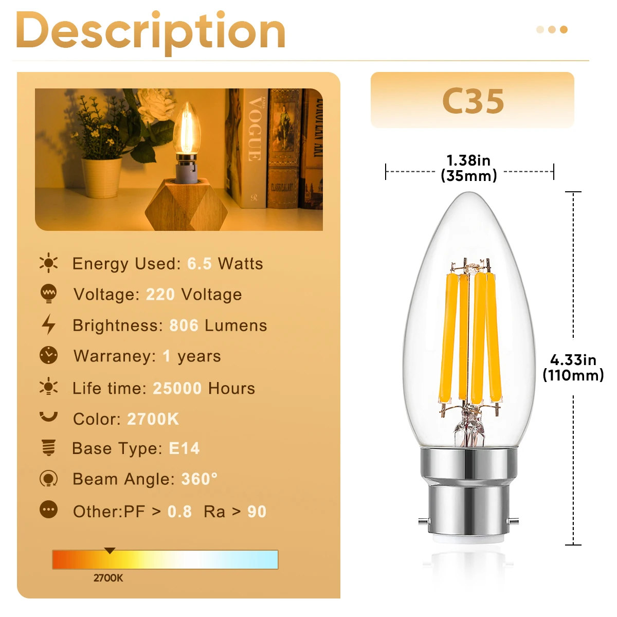 Vintage C35 B22 Led Bulb 220V Dimmable Light 6.5W 806ML Candle Filament Lamp High Lumen Warm White Chandelier Replaceable Bulbs