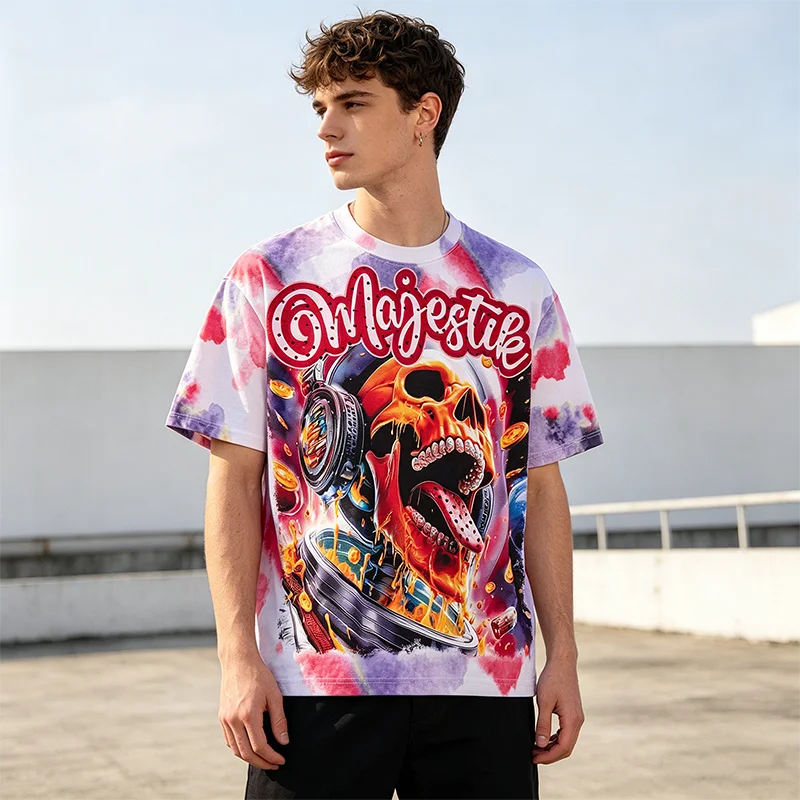 Hip-Hop Aquarell Tie-Dye Grafik-T-Shirt mit Strass-Astronauten-Totenkopf-Print Lässiges T-Shirt Original Herren-T-Shirts Sommer Y2k Kleidung – Detail 4