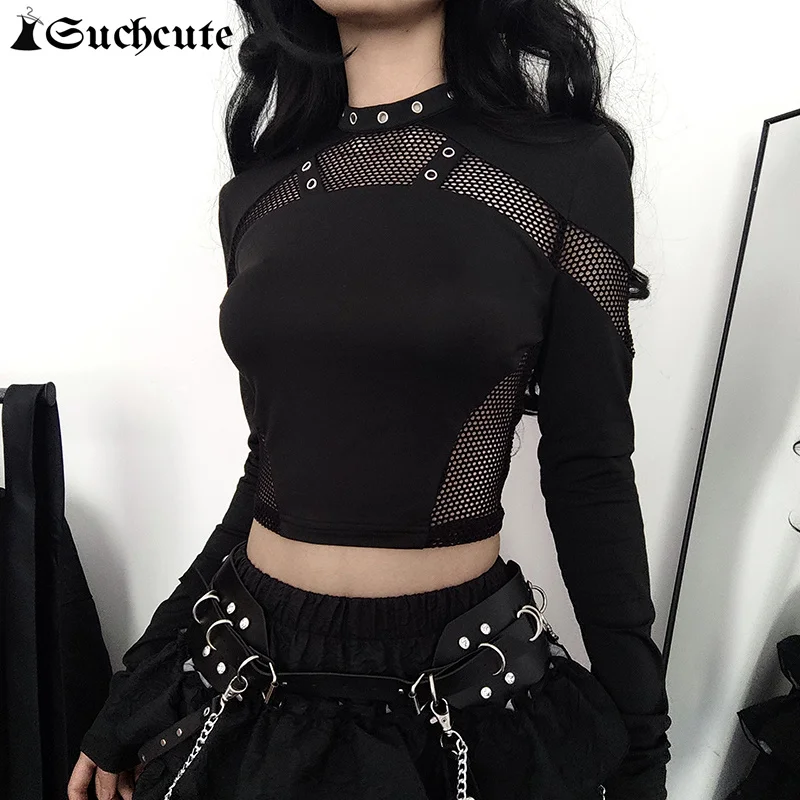 SUCHCUTE Goth Mesh Patchwork T-Shirts Sexy Hollow Out Long Sleeve Eyelet Crop Tops Fashion Women Punk Style Slim Tees Streetwear