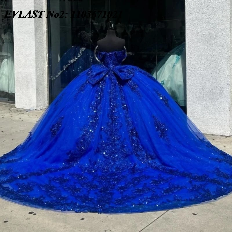 فستان Quinceanera باللون الأزرق الملكي اللامع مخصص من EVLAST فستان حفلة مزين بالدانتيل اللامع مطرز بالخرز الحلو 16 فيستدوس دي 15 أنوس E2QA89 #4