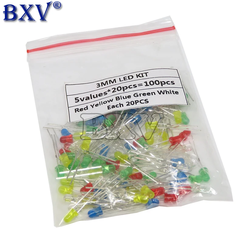 100PCS 3MM LED Diode Light Assorted Kit 5Colors*20PCS F3 White Yellow Red Green Blue  Component DIY Kit