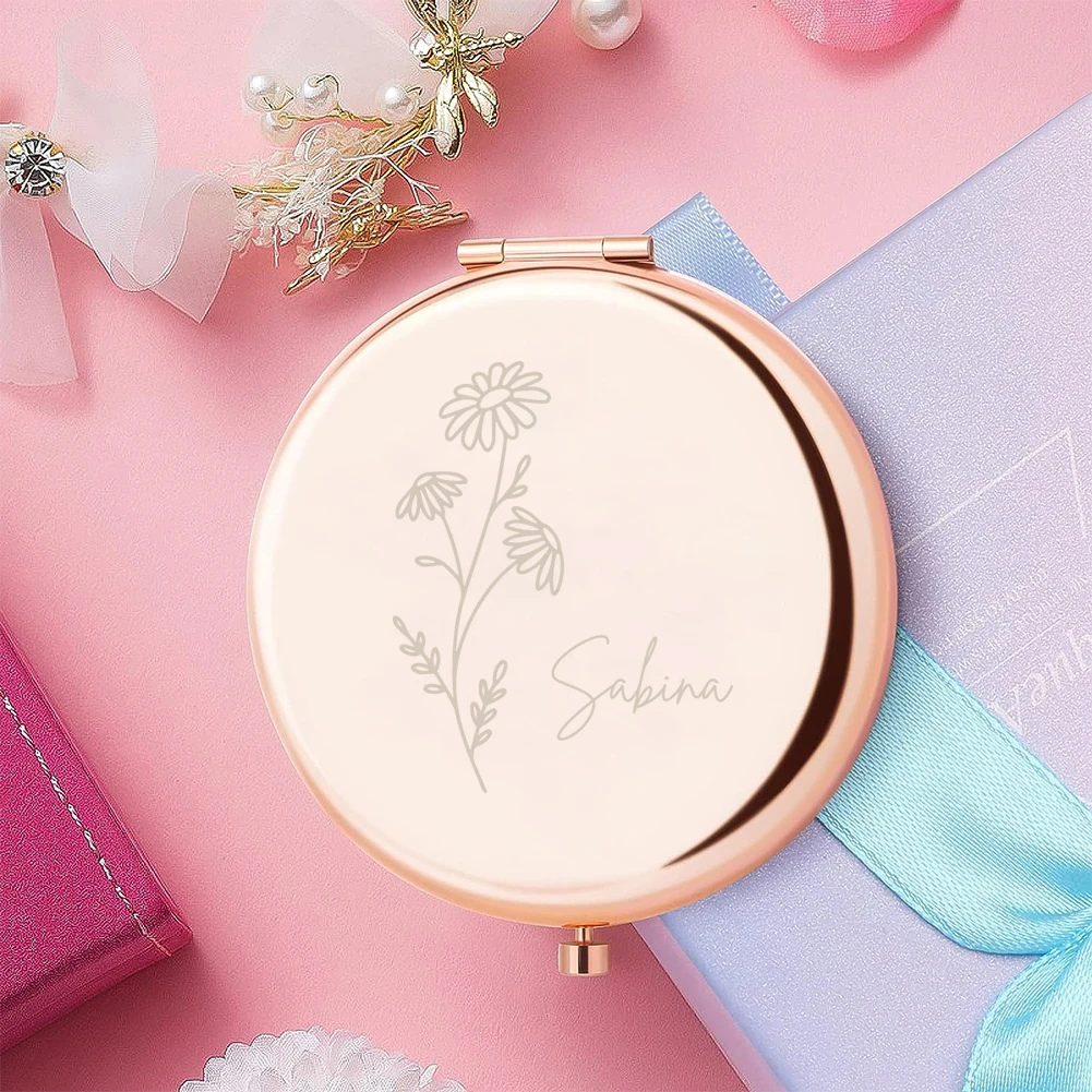 1pc Feverfew cartoon Old Engraving Personalized Name Makeup Mirror Metal Sliver Anniversary gifts