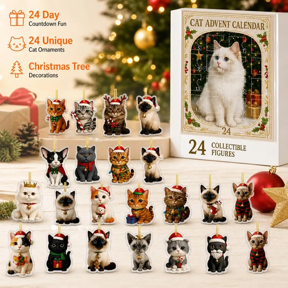 2026 24 Days Advent Calendar  Christmas Countdown with 24Pcs 2D Acrylic Cute Kitten Tree Decoration for Xmas Cat Lovers Gifts