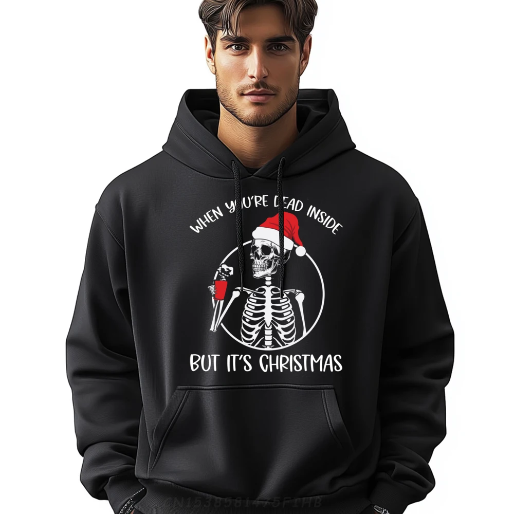 Coffee Skeleton When You're Dead Inside But It is Christmas Graphic Pullover Polyester Fiber Hoodies Men