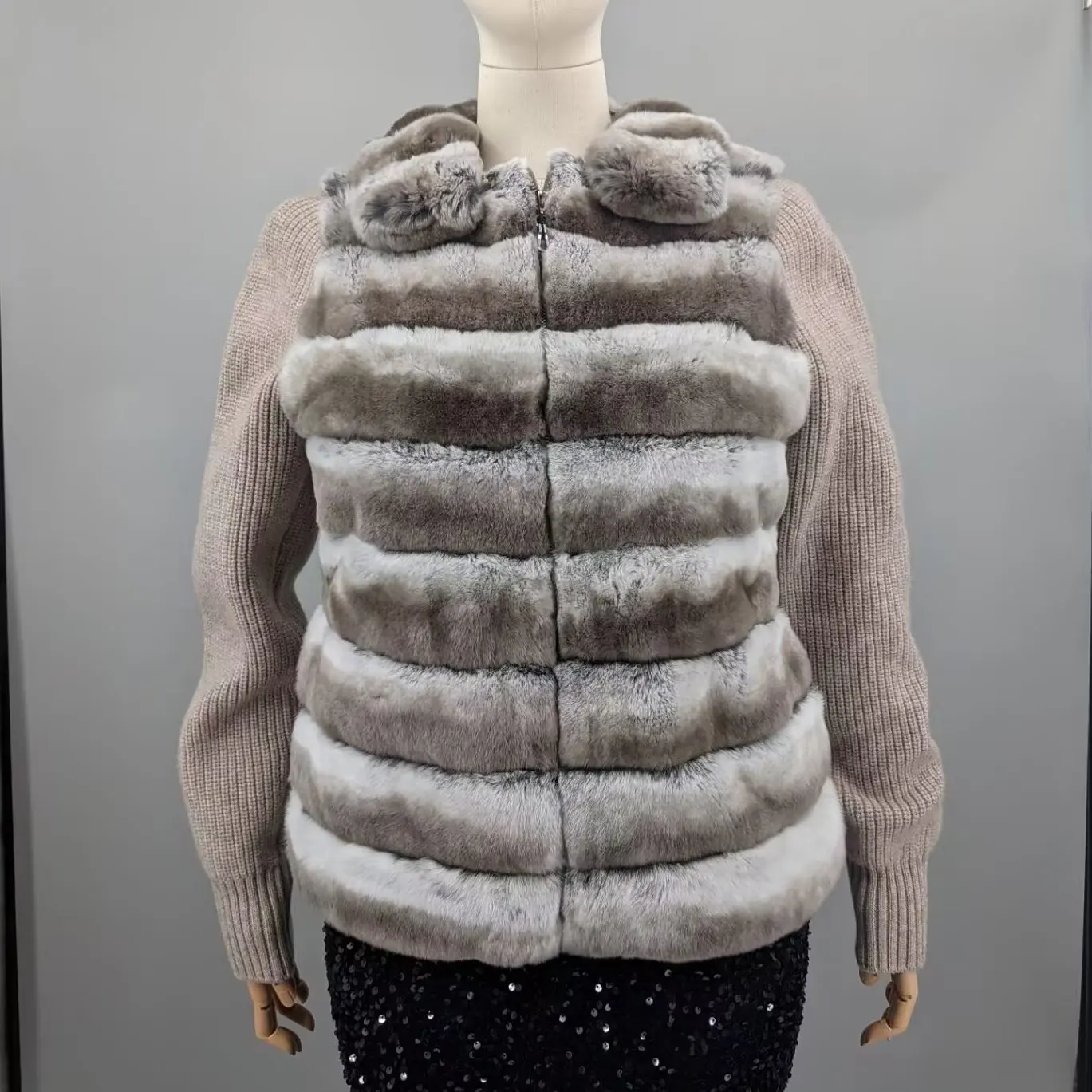 Real Rex Rabbit Chinchilla Fur Coat Knit Sleeve Back Women Winter Daily Outerwear 250409
