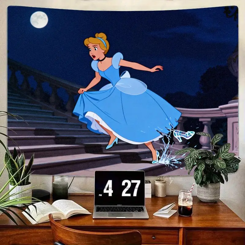 

1PC Disney Cinderella Fairytale Princess Tapestry, Blue Dress Losing Glass Slipper Wall Art, Enchanted Bedroom Decor Gift for Gi