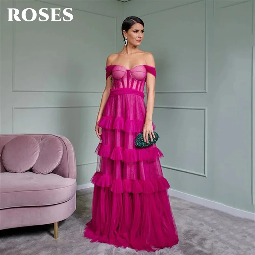 

ROSES Fuchsia Party Dress Sweetheart A-Line فستان سهرة Off The Shoulder Layered Tulle Evening Dresses Floor Length Prom Dress