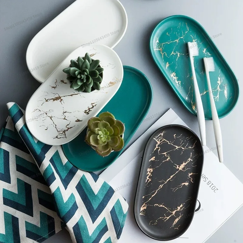 For the trending ceramic marble pattern oval tray, jewelry storage tray, bathroom cup storage tray