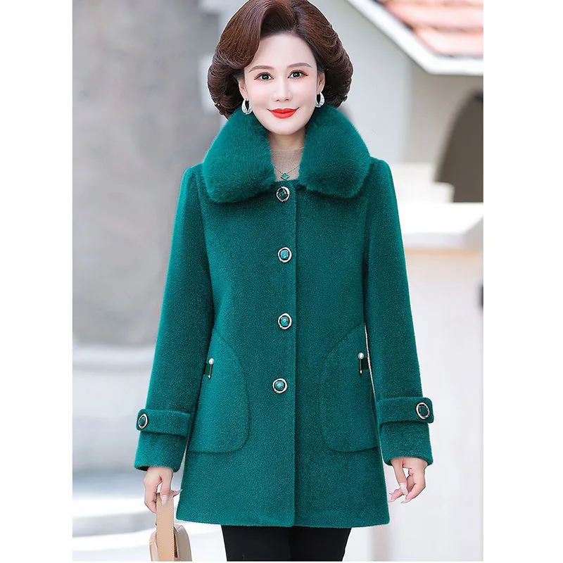 Winter Velvet Faux Mink Fur Jacket New Fashion Fur Collar Mid Long Woolen Coat Middle Aged Women Cotton Padded Jacket Outerwear