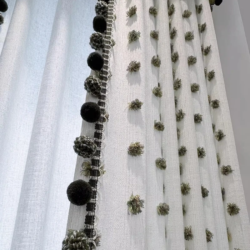 French Cream Wool Ball Linen Jacquard Window Screen Curtains for Living Room French Window Customized Partition Curtain Valance