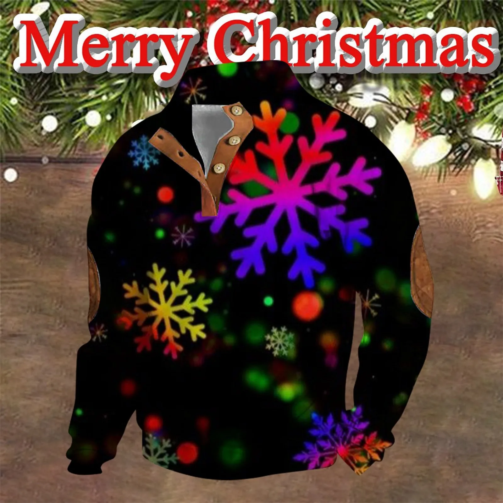 Holiday Clothes Men's Snowflake Print Christmas Hoodies Cute Cartoon Jingle Bell Pullover Patch Sleeve V Neck Causal Outdoor Top