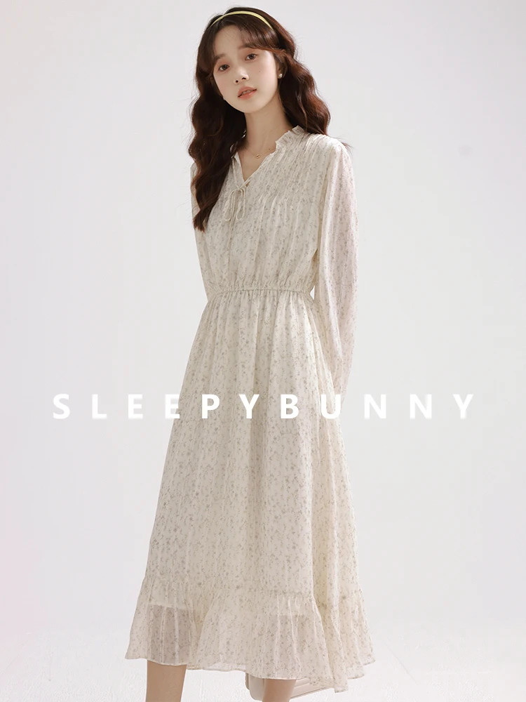

French Style V-Neck Long Sleeve Dress Women Spring High Waist Slim Fit Chiffon Midi Dress Elegant Flowy A-Line Outfit Daily Look
