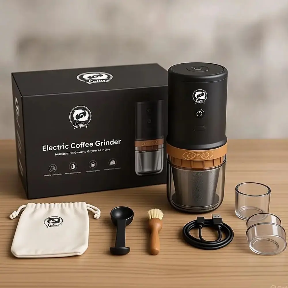Icafilas Portable Electric Coffee Grinder Stainless Steel Multifunction Mini Coffee Dripper Maker for Camping Travel
